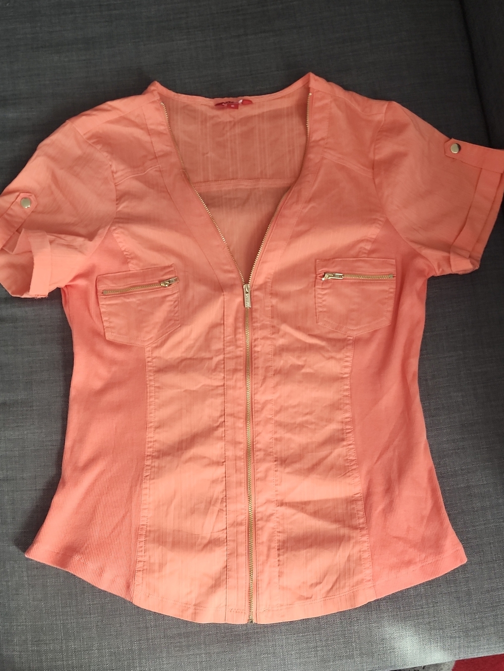 GUESS Coral Short Sleeve Zip-Front Button Tab Shirt